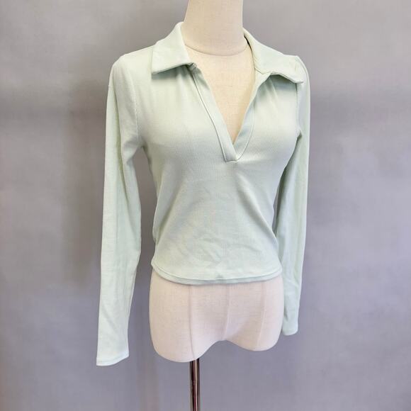 Abercrombie & Fitch Mint Green Ribbed Polo Long Sleeve Cropped Top Size Small‎ - Picture 5 of 11